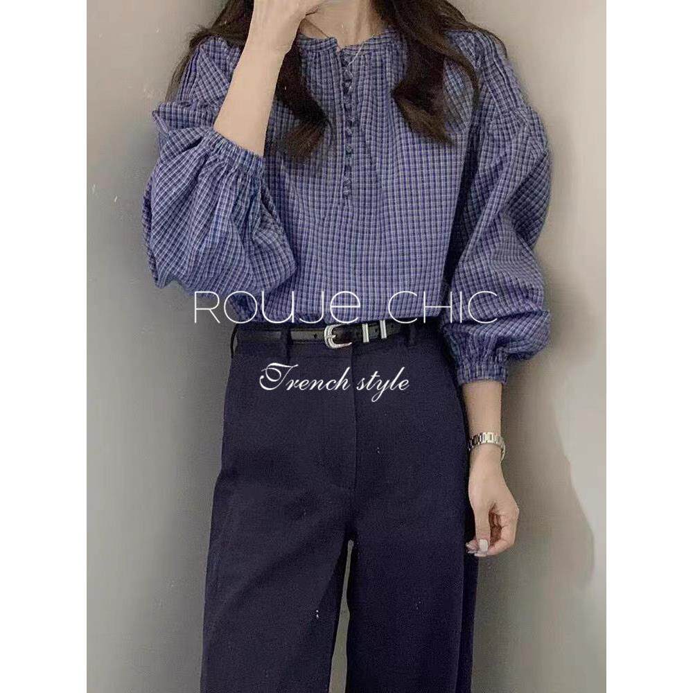 法国rouje chic法式蓝色格纹泡泡长袖宽松衬衫女春小众覆古风衬衣