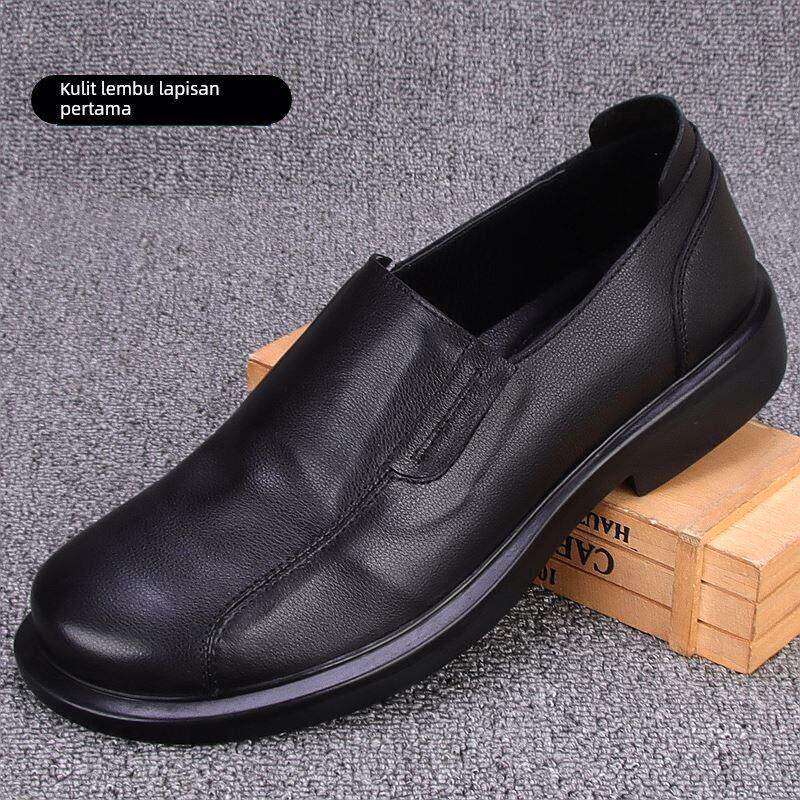 2025秋季大码皮鞋男头层牛皮一脚蹬套脚厚底圆头商务休闲真皮男鞋