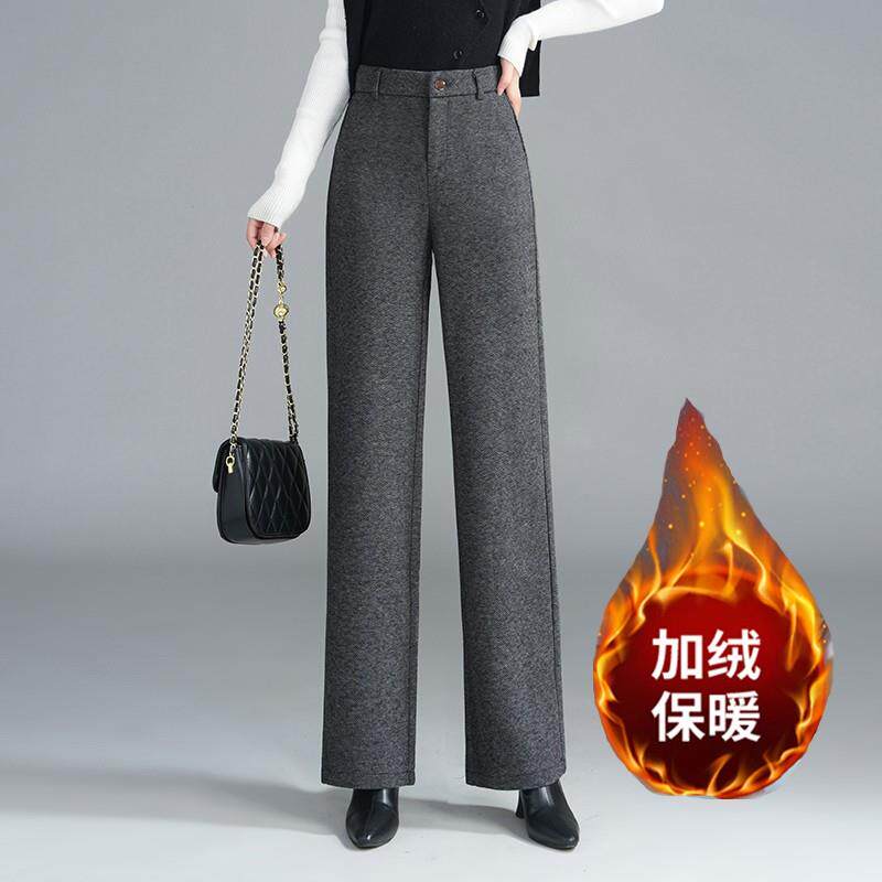 羊绒呢窄版加绒阔腿裤女2026春秋新款高腰显瘦保暖加厚灰色直筒裤