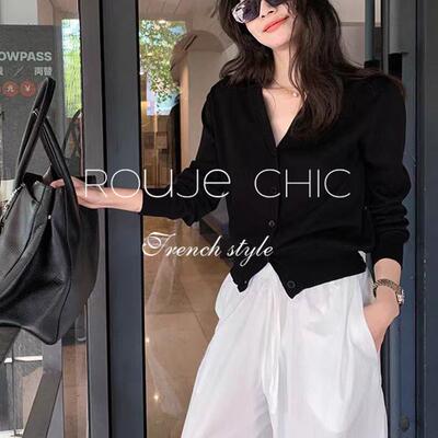 法国rouje chic秋季法式设计V领单排扣天丝针织衫开衫外套女毛衣