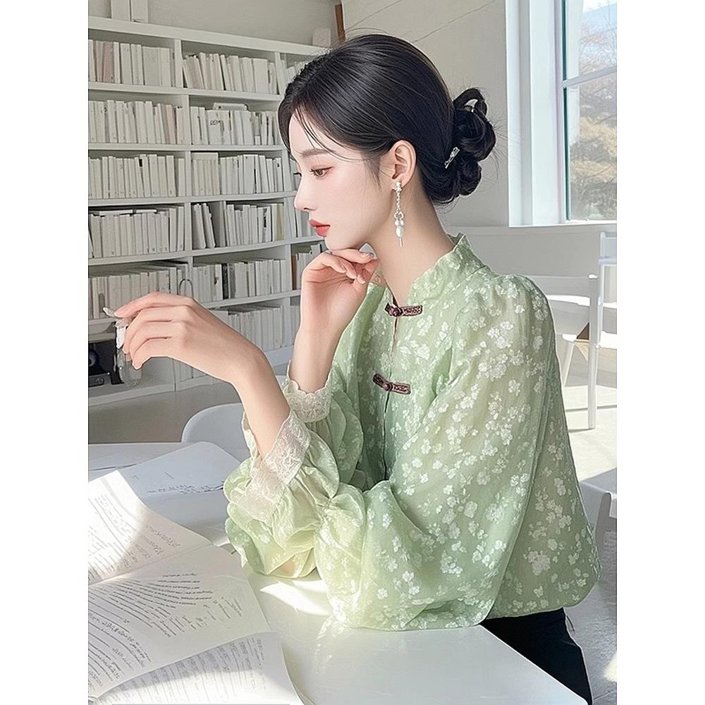 新中式国风绿色小清新立领衬衫女遮肚子碎花小衫蕾丝花边长袖上衣