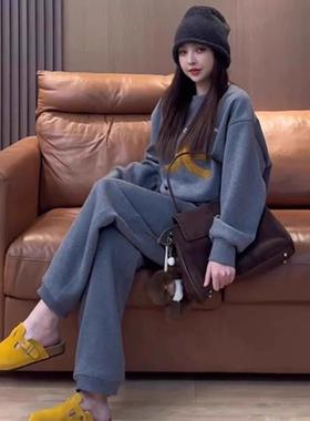 LILY MOST2025年春季时尚穿搭一整套圆领厚棉T休闲 运动加绒套装