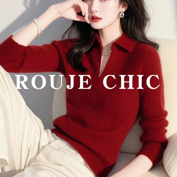 法国rouje chic法式新年红红色毛衣女秋冬季高级感翻领拉链针织衫