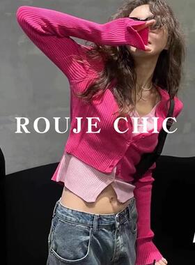 法国rouje chic玫红色V领假两件撞色针织衫女秋冬慵懒风短款毛衣