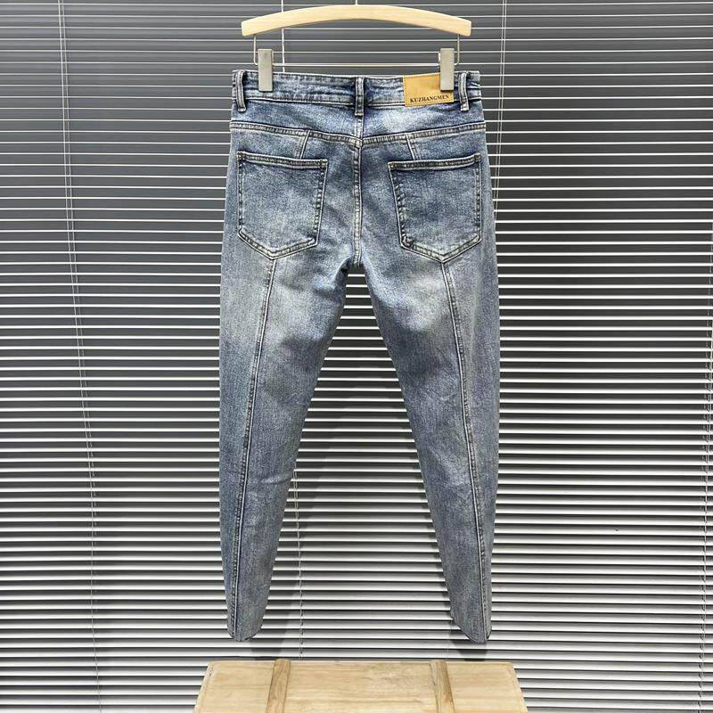 2025夏季新款浅蓝色拼接裤腿生边牛仔裤男士时髦弹力修身九分裤