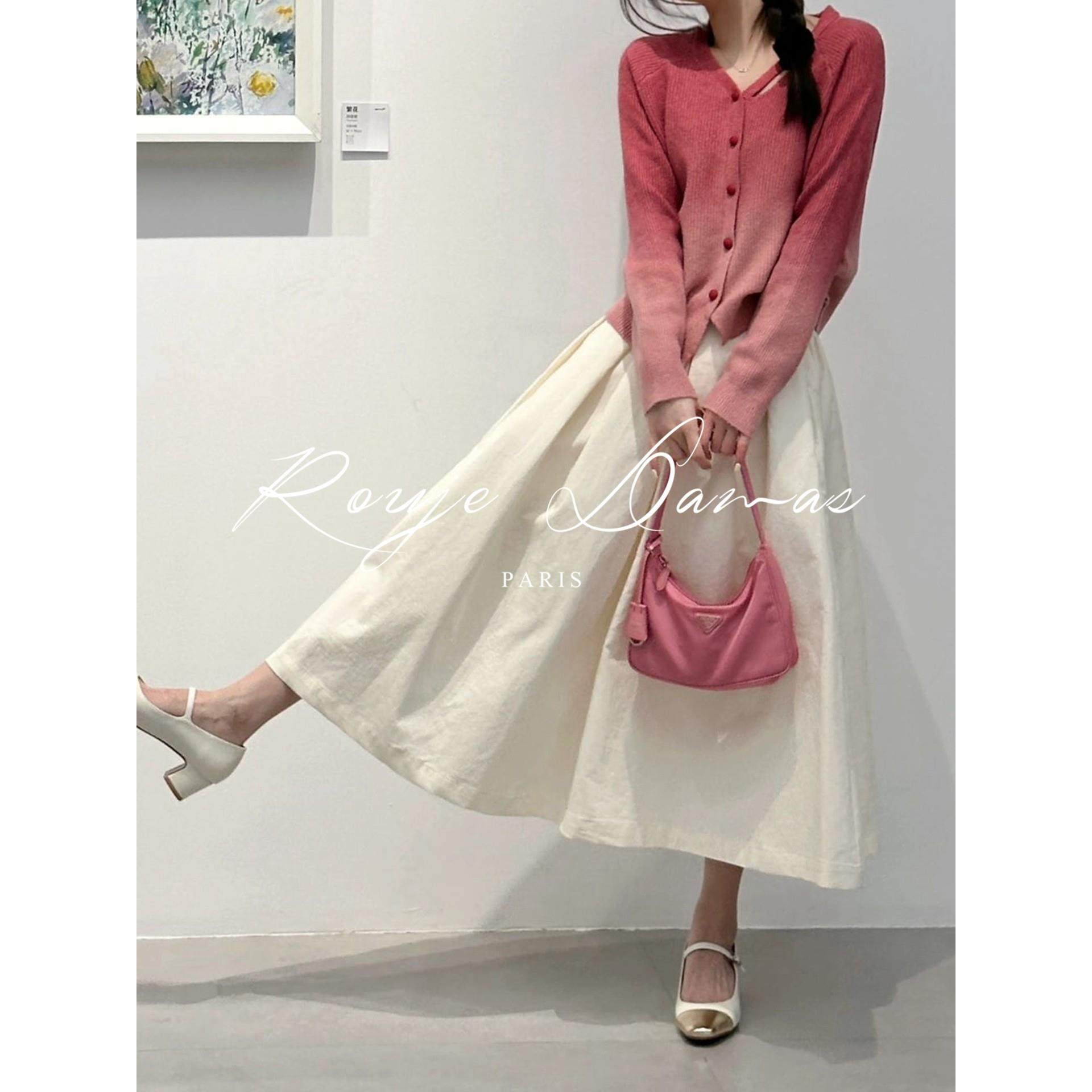 Rouje Damas法式渐变V领毛衣针织开衫女高腰a字半身裙子两件套装