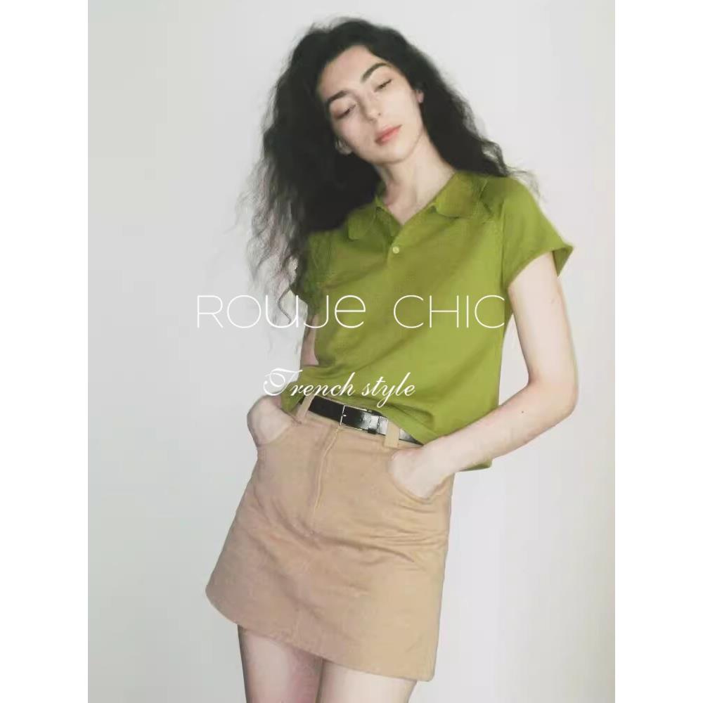 rouje chic法式牛油果绿色Polo领短袖冰丝针织衫T恤女夏小众上衣