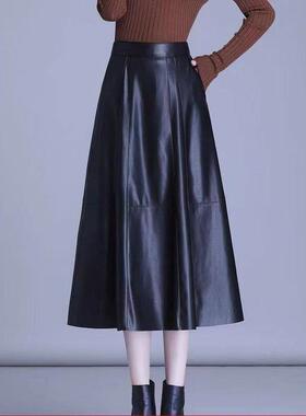 黑色皮裙女秋冬新款时尚高腰修身百搭绵羊皮长款百褶裙A字大摆裙
