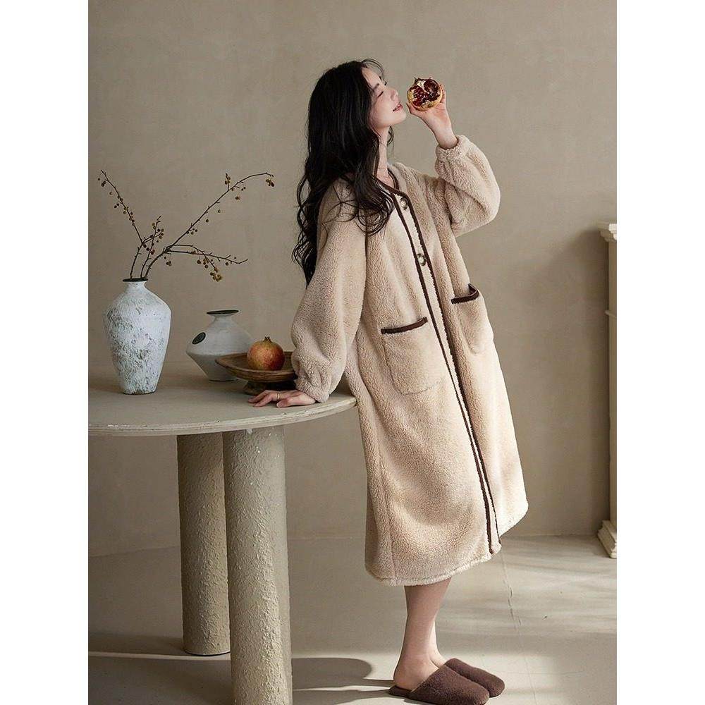 在梦中相遇！橙色的海洋!花呢风格长睡袍女式秋冬珊瑚绒衬里睡袍