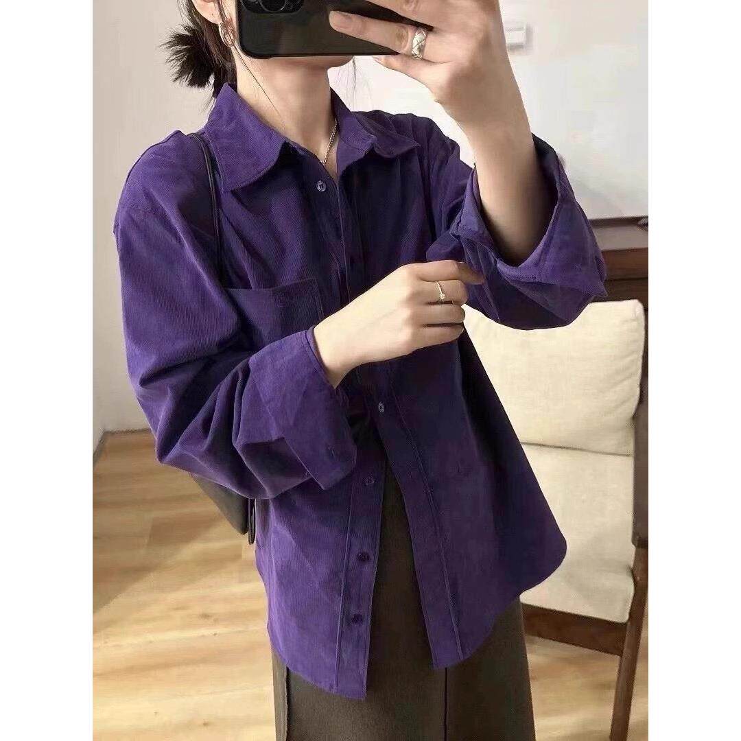 NextMary港味紫色灯芯绒长袖衬衫女秋季高级气质衬衣显瘦打底上衣