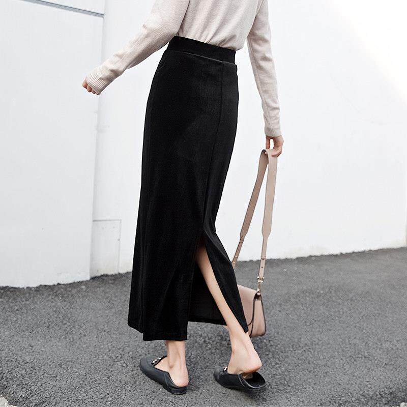 韩国秋冬温柔风金丝绒开叉半身裙直筒黑色百搭包臀裙中长款一步裙