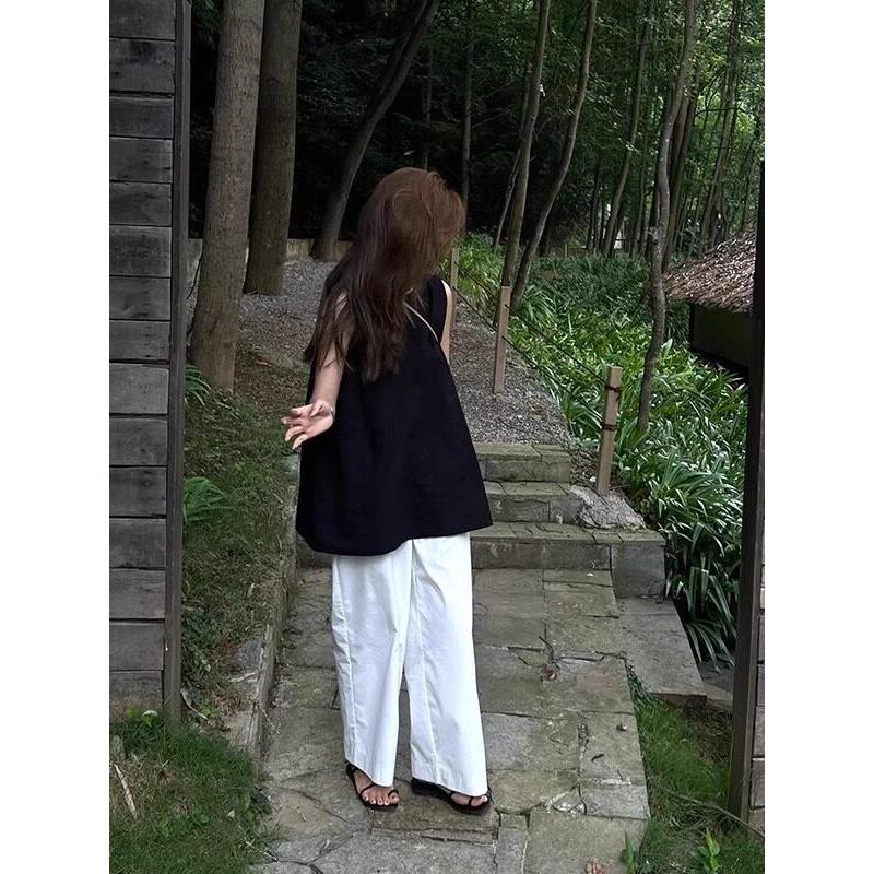 韩国NextMary法式黑色无袖棉麻背心女夏季外穿简约洋气露背上衣
