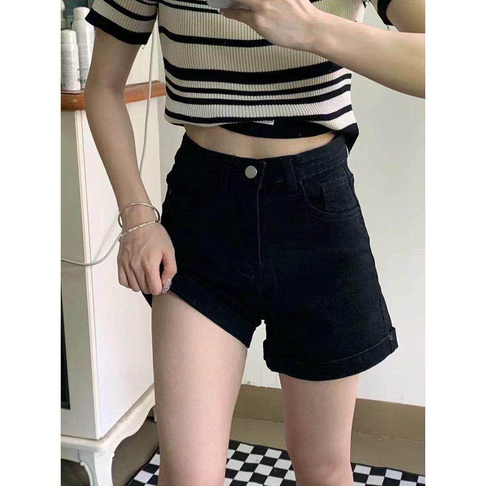 CLAUDIE HOME黑色牛仔短裤女夏高腰大码弹力遮胯显瘦a字阔腿热裤