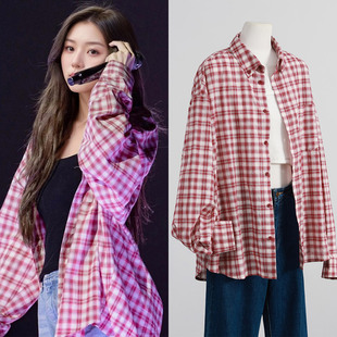 中村一叶同款格子印花廓形宽松减龄新款慵懒风中长款开衫长袖衬衫