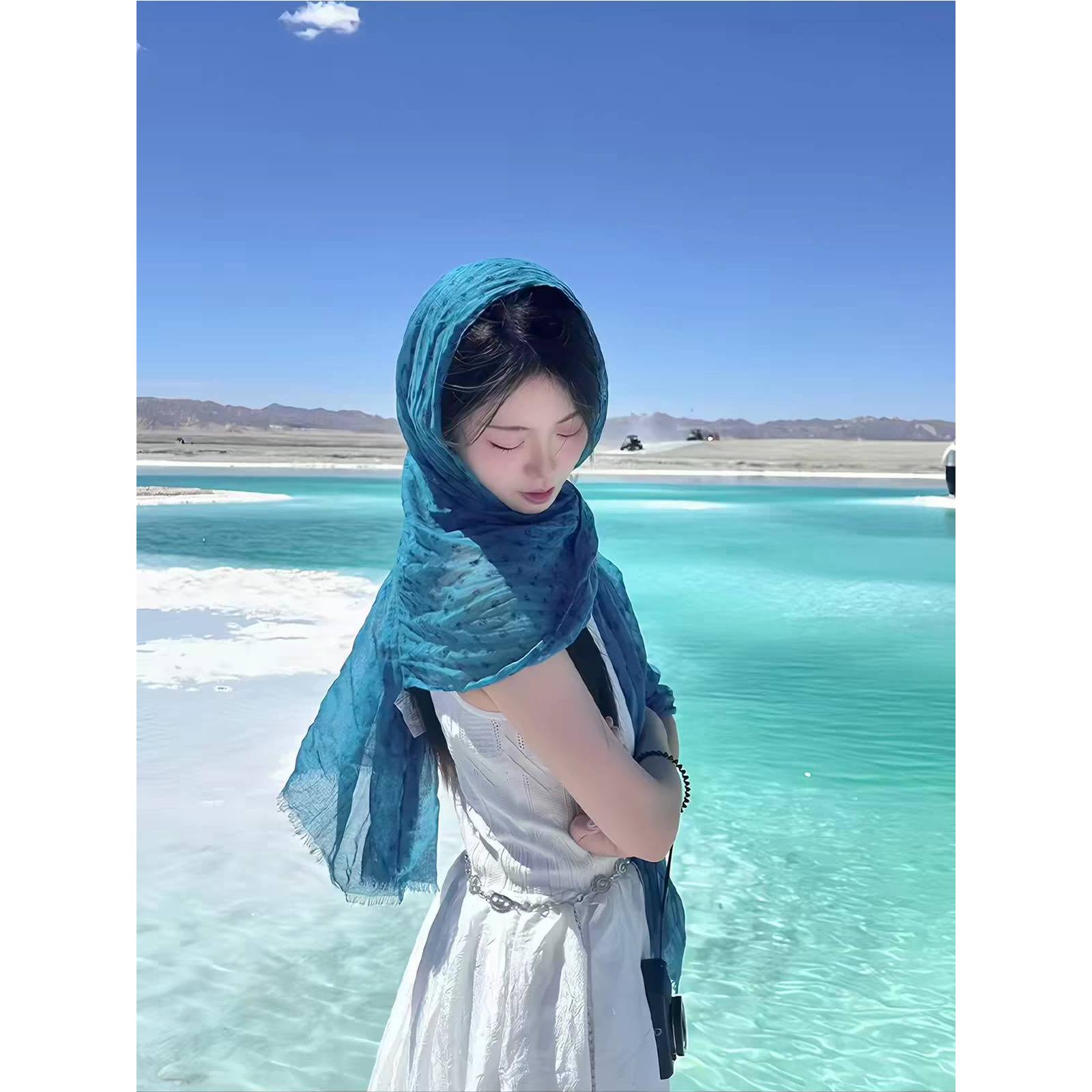 氛围感蓝色棉麻围巾女夏季薄款