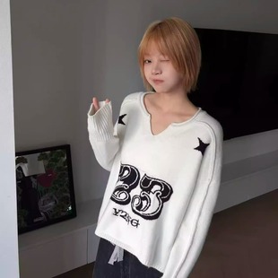 运动风毛衣V领套头宽松休闲针织衫 Y2NG 复古美式