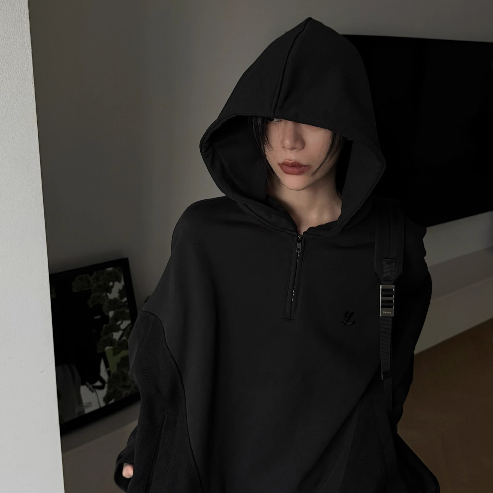 Y2NG反毛圈拼接V领连帽卫衣短宽廓形学院风重磅帽衫