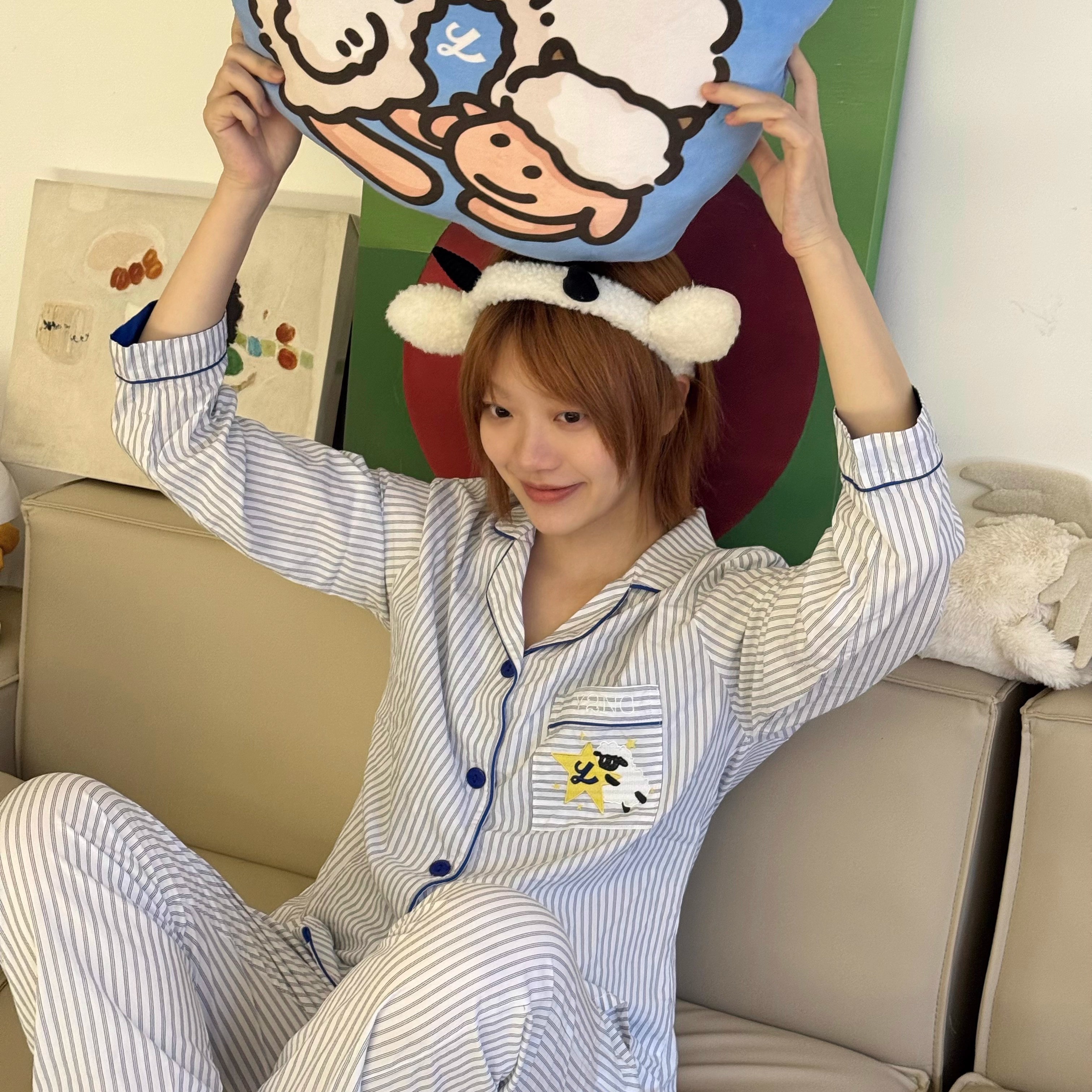 Y2NG原创图案条纹家居服长袖长裤睡衣套装