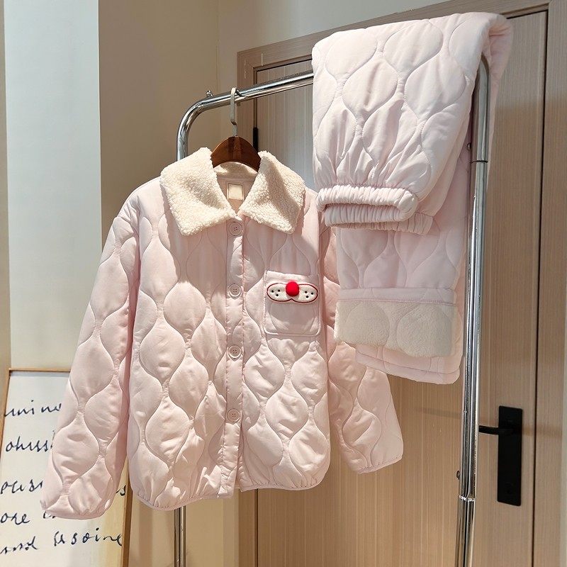 法国BERYDIA甜美粉色酷猫铺棉睡衣女秋冬新款加厚加绒保暖家居服