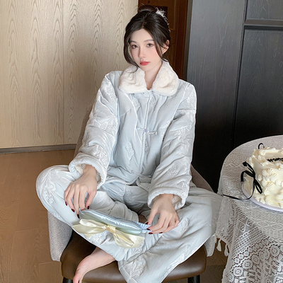 珊瑚绒睡衣女款国风冬季三层夹棉