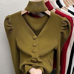 秋冬洋气别致独特v领挂脖泡泡袖 女内搭 上衣设计感毛衣针织打底衫