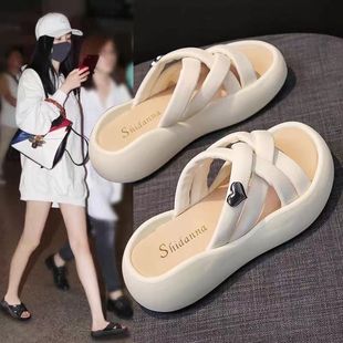 女夏季 韩版 日本厚底拖鞋 新款 夏天 女士凉拖外穿交叉沙滩凉拖鞋 女款