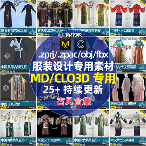 古风合集MD衣服素材CLO3D中国古装纸样设计亚洲秦朝唐装日式和服