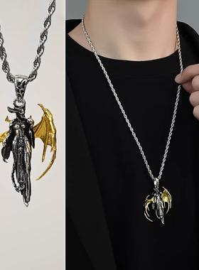 复古风金翼女巫恶魔吊坠项链男款