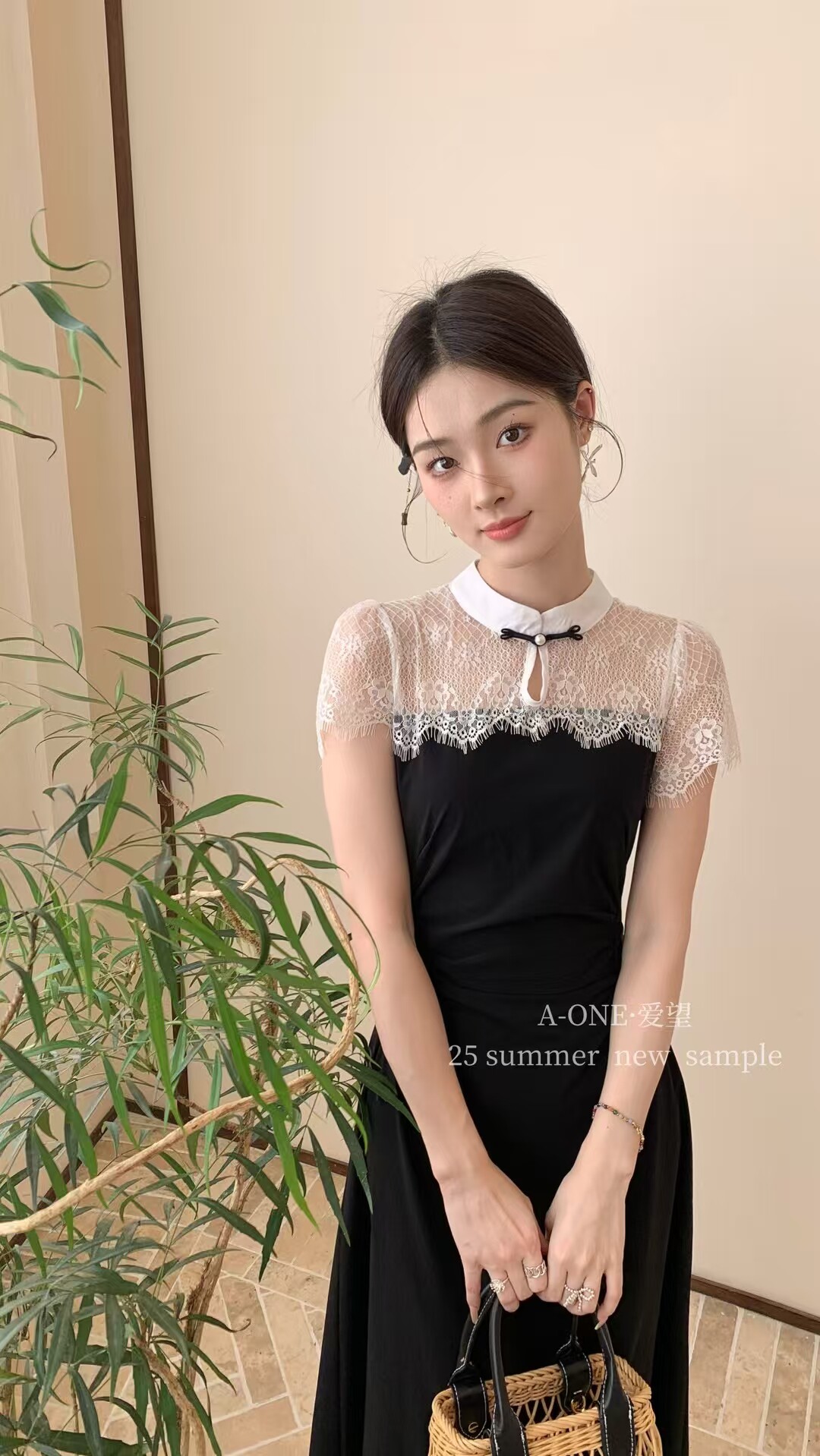 A-ONE爱望夏季新中式改良旗袍领蕾丝花边撞色拼接女连衣裙25077#