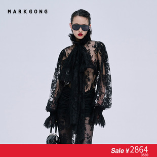 【SALE】【古力娜扎同款】【MARKGONG】黑白蕾丝抽褶衬衫流行秋冬