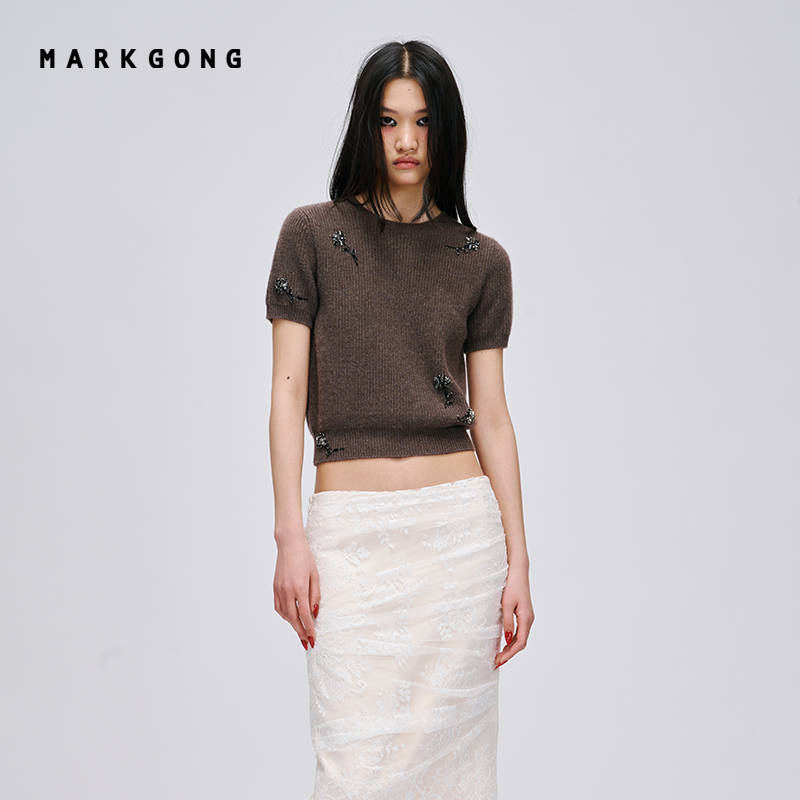 【Jennie同款】【MARKGONG】秋季流行高级流行针织钉珠短袖上衣女