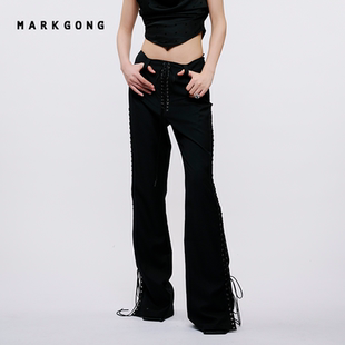 设计感高级流行独特气质黑绑带装 女装 饰羊毛微喇长裤 MARKGONG