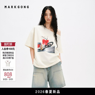 Jisoo同款【MARKGONG】设计感斜开肩短袖T恤2026春夏新品女装上衣