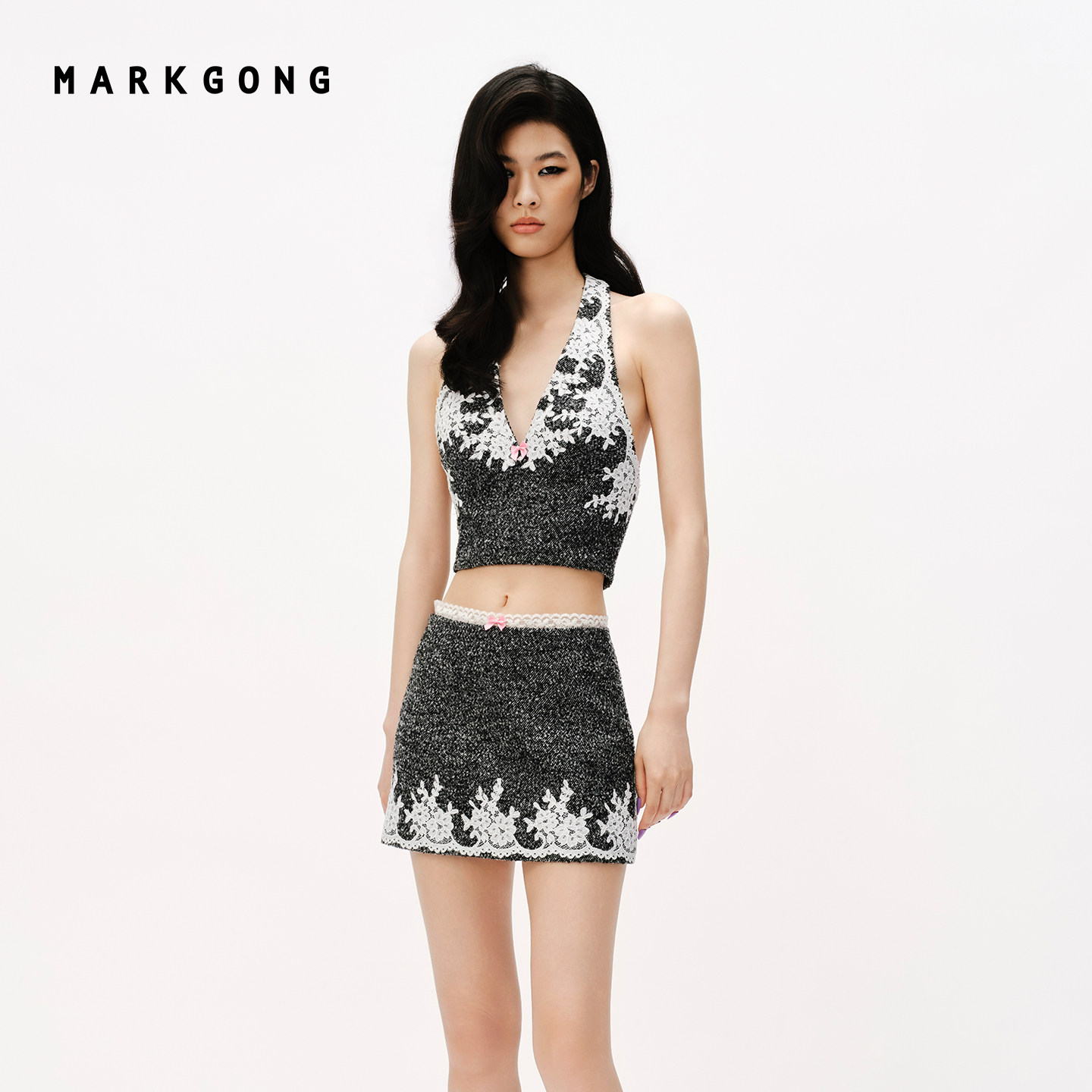 MARKGONG毛呢缎面蕾丝挂脖图片