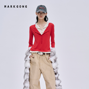 张柏芝同款【SALE】【MARKGONG】假两件亨利衫休闲秋冬休闲女上衣
