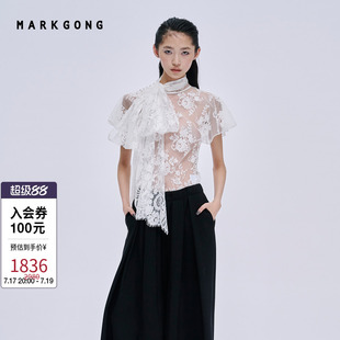 林志玲同款【MARKGONG】设计感蕾丝绑结连袖上衣休闲秋冬