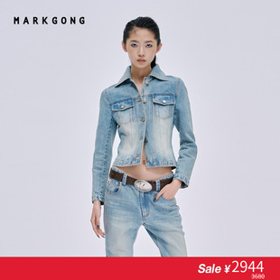 白鹿同款【SALE】【MARKGONG】蓝色修身绑带牛仔外套流行秋冬休闲