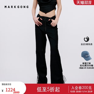 设计感高级流行独特气质黑绑带装 女装 饰羊毛微喇长裤 MARKGONG