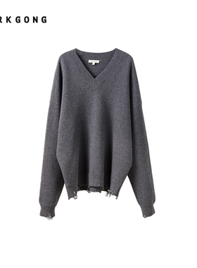 【MARKGONG】秋冬百搭高级气质经典通勤磨边装饰V领针织衫上衣