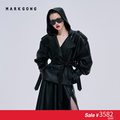 英同款 SALE MARKGONG 张元 黑色皮革连帽短风衣流行秋冬女装