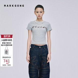 【MARKGONG】【Jennie同款】狗狗印花弹力短袖流行秋冬休闲女装