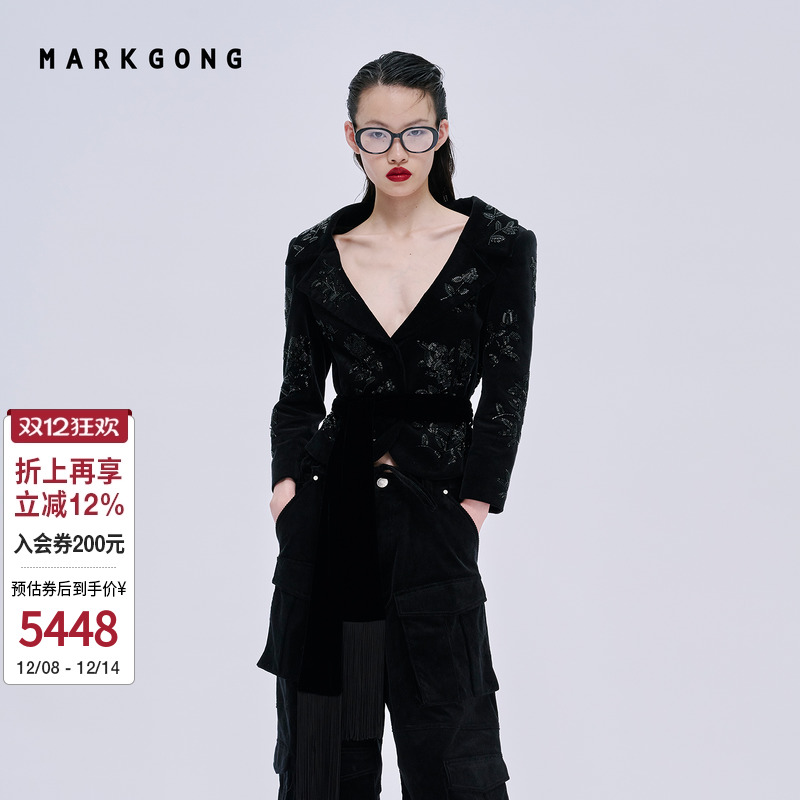 MARKGONG黑色灯芯绒钉珠短外套