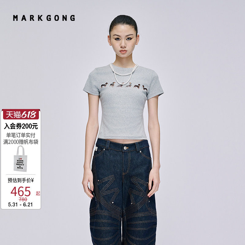 【MARKGONG】【Jennie同款】狗狗印花弹力短袖流行秋冬休闲女装