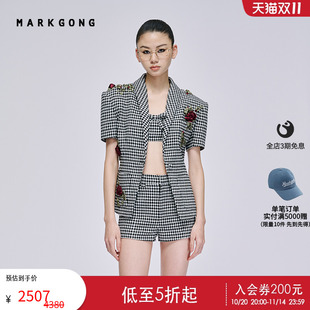 MARKGONG 时尚 黑色格子短袖 流行秋季 百搭上衣 挺括西装