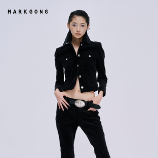 【SALE】【MARKGONG】黑色灯芯绒修身绑带外套流行秋冬休闲女上衣