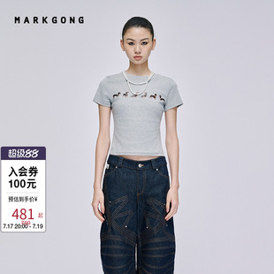 【MARKGONG】【Jennie同款】狗狗印花弹力短袖流行秋冬休闲女装