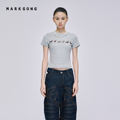 MARKGONG灰白色狗狗印花弹力短袖