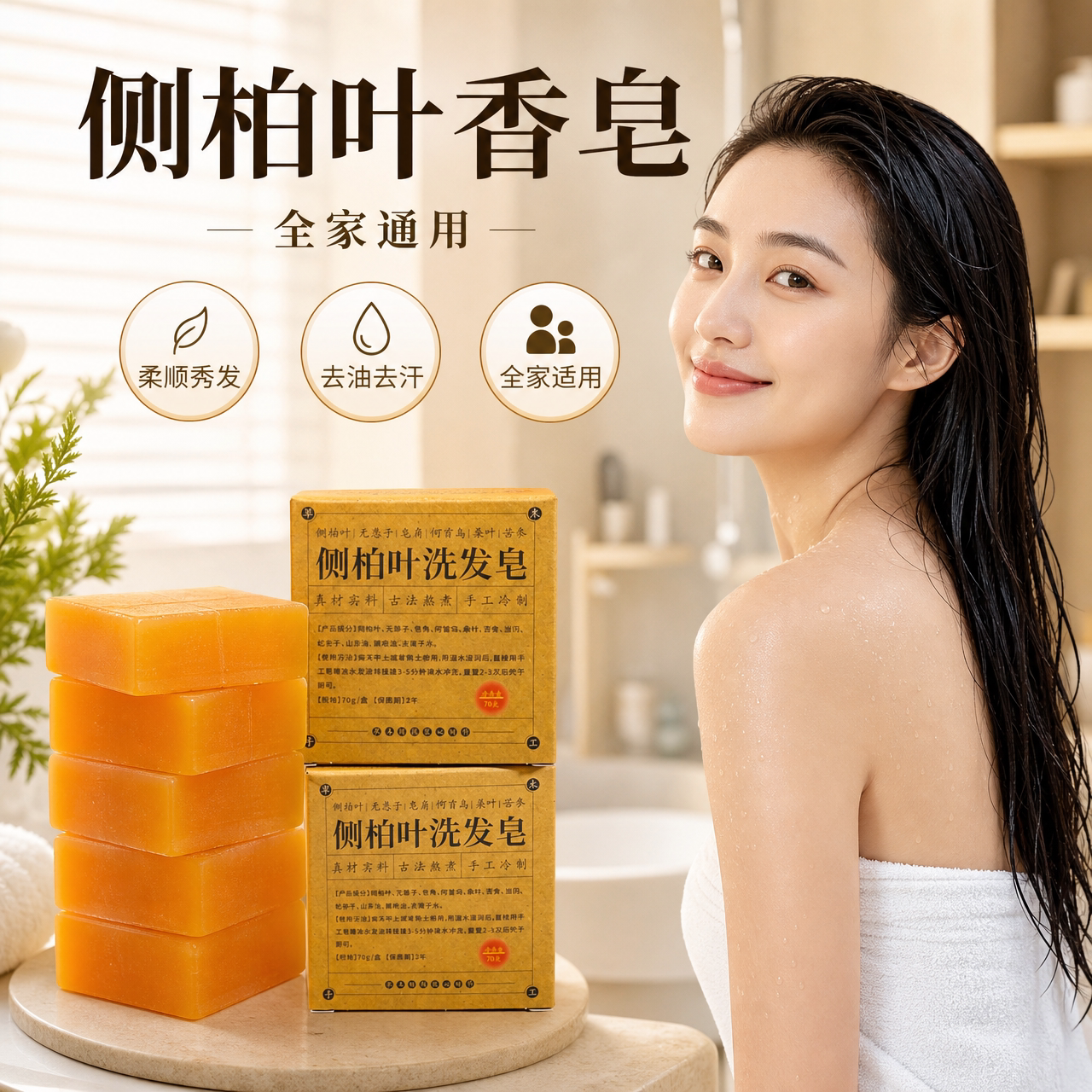 侧柏叶无患子手工洗发皂男女用