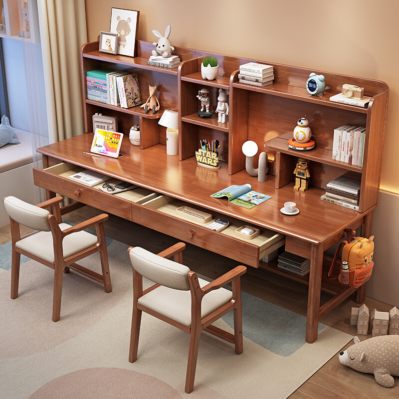 儿童书桌书架组合一体实木双人学习桌家用卧室中小学生写字桌椅子