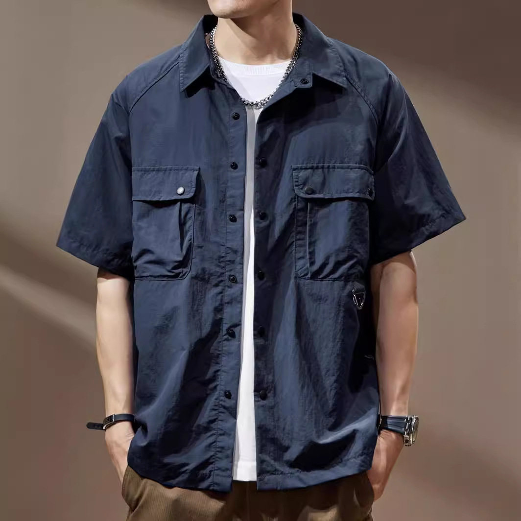 2025夏季美式复古工装衬衫男短袖宽松百搭衬衣男休闲上衣外套